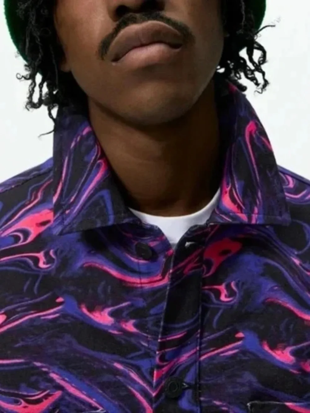 Zara Mens Denim Jacket Overshirt XL Purple Pink Abstract Marbled Printed Relaxed